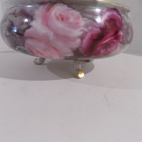 Vintage Limoges France 3 Footed Bowl Dish Pink Purple Roses - Picture 3 of 14